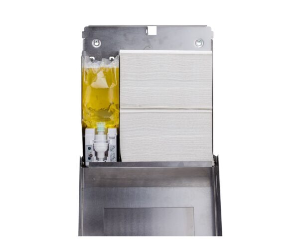 Pojemnik na ręczniki składane z bezdotykowym automatycznym dozownikiem mydła w pianie i z lustrem ze stali SuperMirror „3 w 1" MERIDA STELLA SLIM COMBO, stal matowa Pojemnik na ręczniki składane z bezdotykowym automatycznym dozownikiem mydła w pianie i z lustrem ze stali SuperMirror „3 w 1" MERIDA STELLA SLIM COMBO, stal matowa