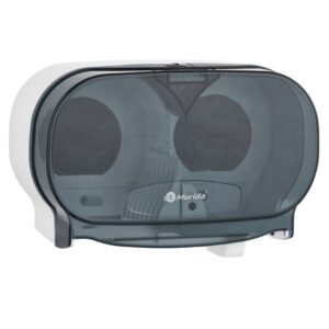 Pojemnik na dwie rolki papieru toaletowego bez gilzy MERIDA ONE biały za 50 zł netto przy zakupie 2 kartonów papiery toaletowego MERIDA TOP PTB301 (36 x 85 m = 3060 m, 12 240 listków)