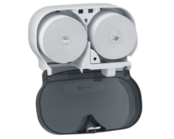 Pojemnik na dwie rolki papieru toaletowego bez gilzy MERIDA ONE, tworzywo ABS, biały Pojemnik na dwie rolki papieru toaletowego bez gilzy MERIDA ONE, tworzywo ABS, biały