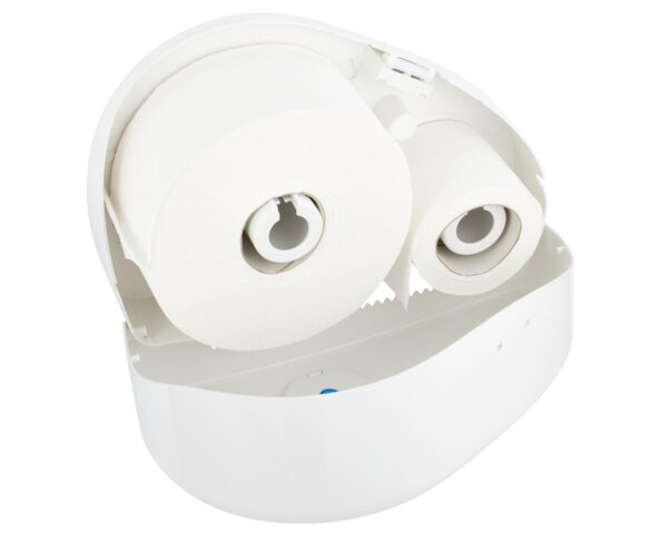 Pojemnik na papier toaletowy MERIDA TOP DUO z uchwytem na resztkę rolki, tworzywo ABS, biały, okienko niebieskie Pojemnik na papier toaletowy MERIDA TOP DUO z uchwytem na resztkę rolki, tworzywo ABS, biały, okienko niebieskie