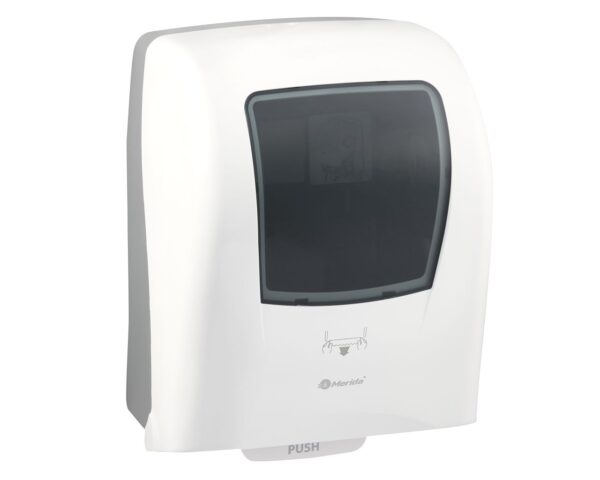 Mechaniczny podajnik ręczników papierowych w rolach MERIDA ONE AUTOMATIC MAXI, tworzywo ABS, biały Mechaniczny podajnik ręczników papierowych w rolach MERIDA ONE AUTOMATIC MAXI, tworzywo ABS, biały