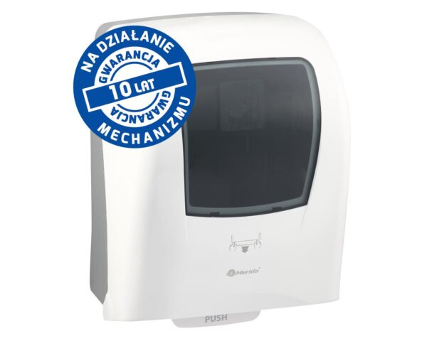 Mechaniczny podajnik ręczników MERIDA ONE biały za 125 zł netto przy zakupie 2 kartonów ręczników MERIDA TOP AUTOMATIC RAB312 (12 x 240 m = 2 800 m, 11 292 listki)