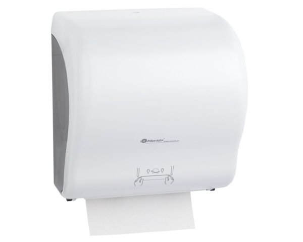 Mechaniczny podajnik ręczników papierowych w rolach MERIDA LUX CUT AUTOMATIC MAXI, tworzywo ABS, biały Mechaniczny podajnik ręczników papierowych w rolach MERIDA LUX CUT AUTOMATIC MAXI, tworzywo ABS, biały