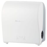 Mechaniczny podajnik ręczników papierowych w rolach MERIDA SOLID CUT AUTOMATIC MAXI, tworzywo ABS, front pełen biały - mat, tył transparentny jasny - mat