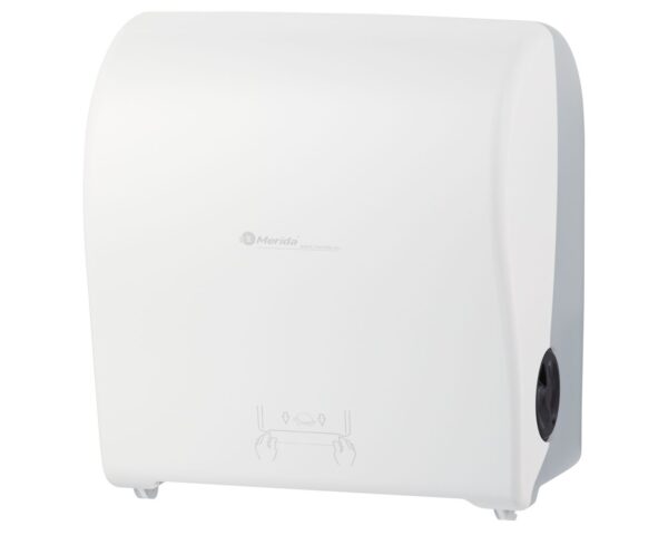 Mechaniczny podajnik ręczników papierowych w rolach MERIDA SOLID CUT AUTOMATIC MAXI, tworzywo ABS, front pełen biały - mat, tył transparentny jasny - mat Mechaniczny podajnik ręczników papierowych w rolach MERIDA SOLID CUT AUTOMATIC MAXI, tworzywo ABS, front pełen biały - mat, tył transparentny jasny - mat