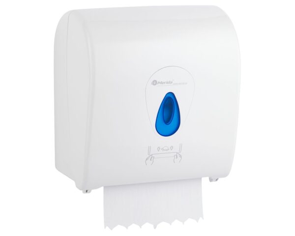 Mechaniczny podajnik ręczników papierowych w rolach MERIDA TOP AUTOMATIC MAXI, tworzywo ABS, biały połysk, okienko niebieskie Mechaniczny podajnik ręczników papierowych w rolach MERIDA TOP AUTOMATIC MAXI, tworzywo ABS, biały połysk, okienko niebieskie