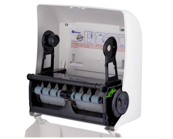 Mechaniczny podajnik ręczników papierowych w rolach MERIDA TOP AUTOMATIC MAXI, tworzywo ABS, biały połysk, okienko niebieskie Mechaniczny podajnik ręczników papierowych w rolach MERIDA TOP AUTOMATIC MAXI, tworzywo ABS, biały połysk, okienko niebieskie