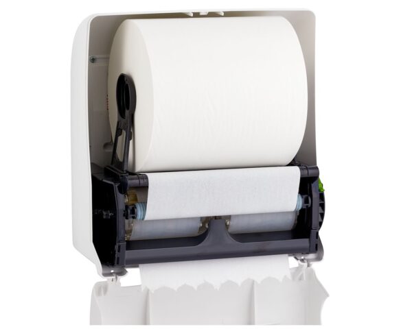 Mechaniczny podajnik ręczników papierowych w rolach MERIDA TOP AUTOMATIC MAXI, tworzywo ABS, biały połysk, okienko szare Mechaniczny podajnik ręczników papierowych w rolach MERIDA TOP AUTOMATIC MAXI, tworzywo ABS, biały połysk, okienko szare