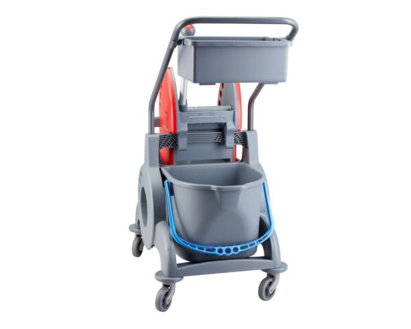 Wózek serwisowy do sprzątania, dwuwiadrowy, 2× wiadro 15 l, kuweta 8 l, czerwona prasa Wózek serwisowy do sprzątania, dwuwiadrowy, 2× wiadro 15 l, kuweta 8 l, czerwona prasa