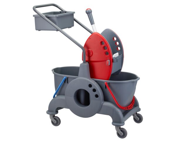 Wózek dwuwiadrowy 30 l (2 x 15 l), z kuwetą 8 l, czerwona prasa Wózek dwuwiadrowy 30 l (2 x 15 l), z kuwetą 8 l, czerwona prasa