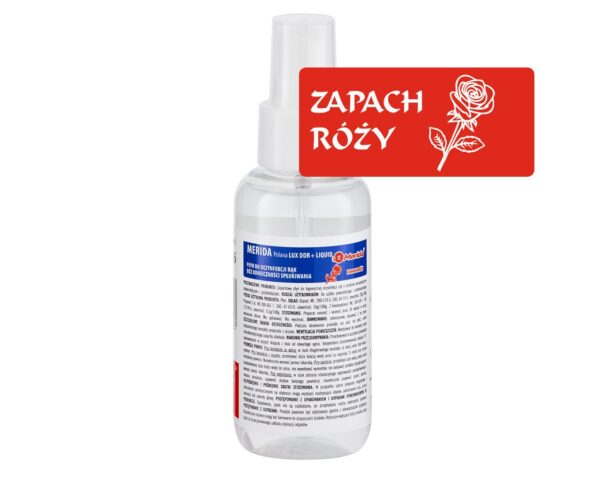 Płyn dezynfekcyjny o zapachu róży MERIDA POLANA LUX DDR+ LIQUID do higienicznej dezynfekcji rąk, butelka 100 ml z atomizerem