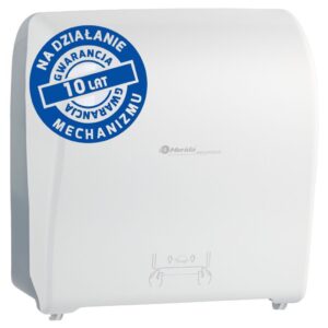 Mechaniczny podajnik ręczników papierowych w rolach MERIDA SOLID CUT AUTOMATIC MAXI, tworzywo ABS, front pełen biały - mat, tył transparentny jasny - mat