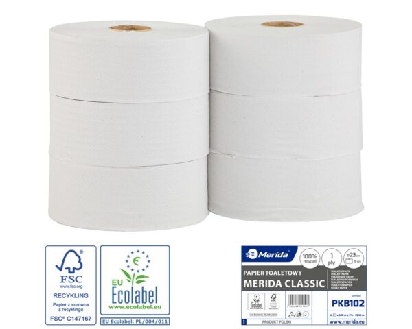 Papier toaletowy MERIDA CLASSIC , biały, średnica 23 cm, długość 340 m, jednowarstwowy, zgrzewka 6 szt., ECOLABEL