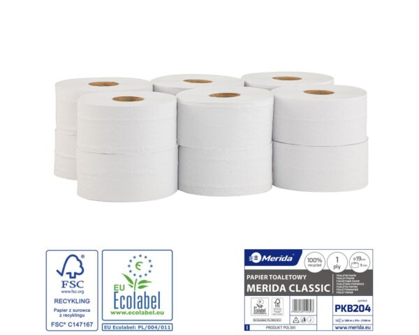 Papier toaletowy MERIDA CLASSIC, biały, średnica 19 cm, długość 180 m, jednowarstwowy, zgrzewka 12 szt., ECOLABEL