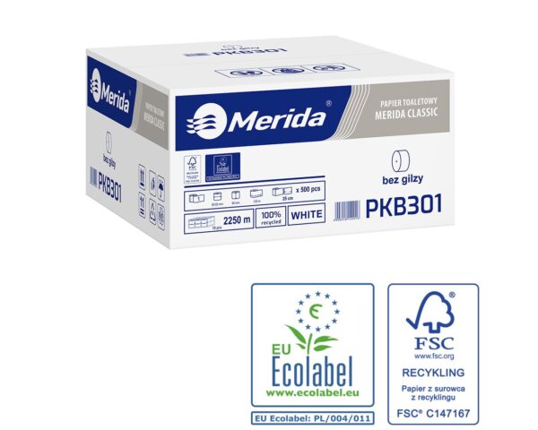 Papier toaletowy bez gilzy, MERIDA CLASSIC ECOLABEL, jednowarstwowy, biały, średnica 12 cm, długość 125 m, karton 18 rolek
