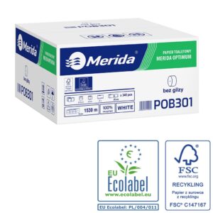 Pojemnik na cztery rolki papieru toaletowego bez gilzy MERIDA ONE czarny za 75 zł netto przy zakupie 2 kartonów papiery toaletowego MERIDA OPTIMUM POB301 (36 x 85 m = 3060 m, 12 240 listków)