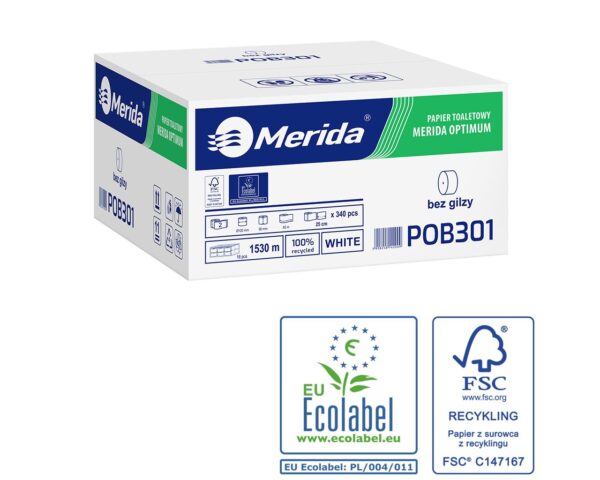 Pojemnik na cztery rolki papieru toaletowego bez gilzy MERIDA ONE czarny za 75 zł netto przy zakupie 2 kartonów papiery toaletowego MERIDA OPTIMUM POB301 (36 x 85 m = 3060 m, 12 240 listków)