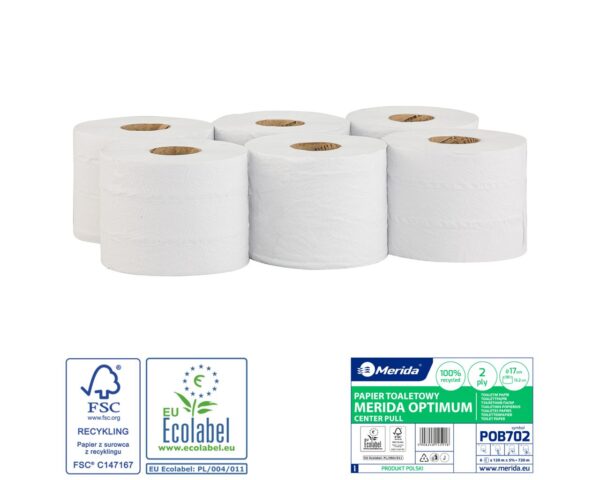 Papier toaletowy MERIDA OPTIMUM CENTER PULL biały, średnica 17 cm, długość 120 m, dwuwarstwowy, zgrzewka 6 szt., ECOLABEL