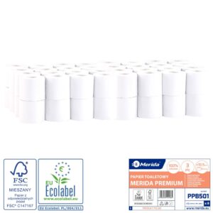 Papier toaletowy MERIDA PREMIUM, biały, średnica 10,5 cm, długość 27,5 m, trzywarstwowy, worek 64 szt., ECOLABEL