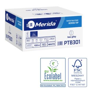 Pojemnik na cztery rolki papieru toaletowego bez gilzy MERIDA HARMONY za 75 zł netto przy zakupie 2 kartonów papiery toaletowego MERIDA TOP PTB301 (36 x 85 m = 3060 m, 12 240 listków)