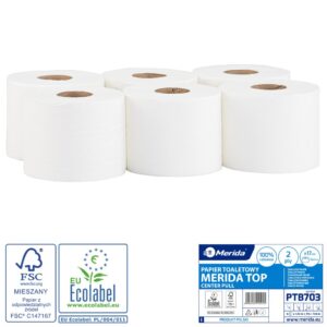 Papier toaletowy MERIDA TOP CENTER PULL, biały, średnica 17 cm, długość 120 m, dwuwarstwowy, zgrzewka 6 szt., ECOLABEL