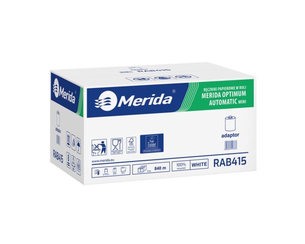 Ręczniki papierowe w roli z adaptorem, MERIDA OPTIMUM AUTOMATIC MINI ECOLABEL, dwuwarstwowe, białe, średnica 14,5 cm, długość 140 m, karton 6 rolek Ręczniki papierowe w roli z adaptorem, MERIDA OPTIMUM AUTOMATIC MINI ECOLABEL, dwuwarstwowe, białe, średnica 14,5 cm, długość 140 m, karton 6 rolek