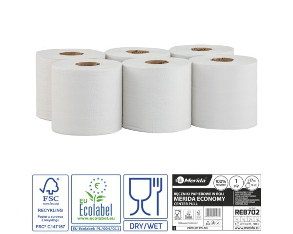 Ręczniki papierowe w roli MERIDA ECONOMY CENTER PULL MINI, białe, średnica 17 cm, długość 210 m, jednowarstwowe, zgrzewka 6 rolek, ECOLABEL