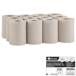 Ręczniki papierowe w roli MERIDA ECONOMY MINI, szare, jednowarstwowy, długość 60 m, opakowanie 12 rolek