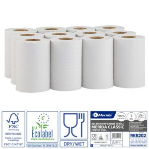 Ręczniki papierowe w roli MERIDA CLASSIC MINI, białe, średnica 13 cm, długość 116 m, jednowarstwowe, zgrzewka 12 rolek, ECOLABEL