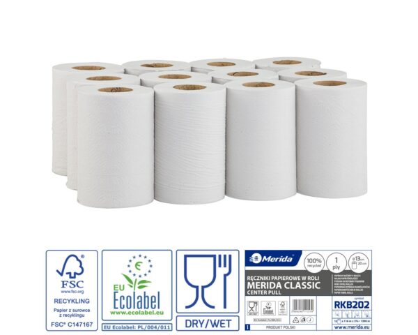Ręczniki papierowe w roli MERIDA CLASSIC MINI, białe, średnica 13 cm, długość 116 m, jednowarstwowe, zgrzewka 12 rolek, ECOLABEL