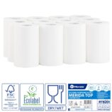Ręczniki papierowe w roli MERIDA TOP MINI, białe, średnica 13 cm, długość 70 m, dwuwarstwowe, zgrzewka 12 rolek, ECOLABEL