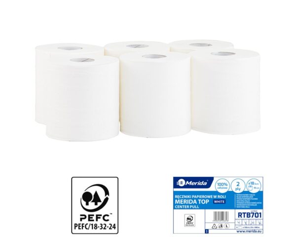 Ręczniki papierowe w roli MERIDA TOP CENTER PULL MAXI, białe, średnica 18 cm, długość 161,5 m, dwuwarstwowe, zgrzewka 6 rolek