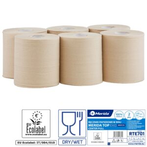Ręczniki papierowe w roli MERIDA TOP EKO CENTER PULL MAXI, piaskowe, średnica 17,2 cm, długość 160,1 m, dwuwarstwowe, zgrzewka 6 rolek, ECOLABEL