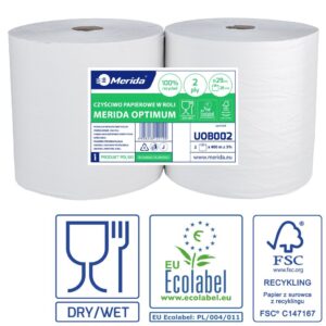 Czyściwo papierowe MERIDA OPTIMUM 29, długość 400 m, dwuwarstwowe, BIAŁE, zgrzewka 2 sztuki, ECOLABEL