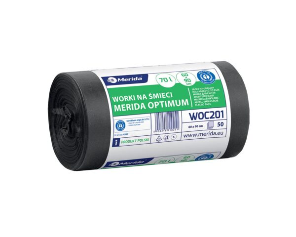Worki na śmieci MERIDA OPTIMUM, 60 x 90 cm, pojemność 70 l, rolka 50 szt., CZARNE, HDPE/LDPE Worki na śmieci MERIDA OPTIMUM, 60 x 90 cm, pojemność 70 l, rolka 50 szt., CZARNE, HDPE/LDPE