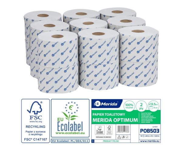 Papier toaletowy MERIDA OPTIMUM, biały, średnica 13,5 cm, długość 68 m, dwuwarstwowy, worek 18 szt., ECOLABEL