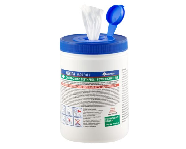 Chusteczki nasączone do dezynfekcji rąk i powierzchni MERIDA VADO SOFT, bezalkoholowe, tuba, 15 m, 100 listków Chusteczki nasączone do dezynfekcji rąk i powierzchni MERIDA VADO SOFT, bezalkoholowe, tuba, 15 m, 100 listków