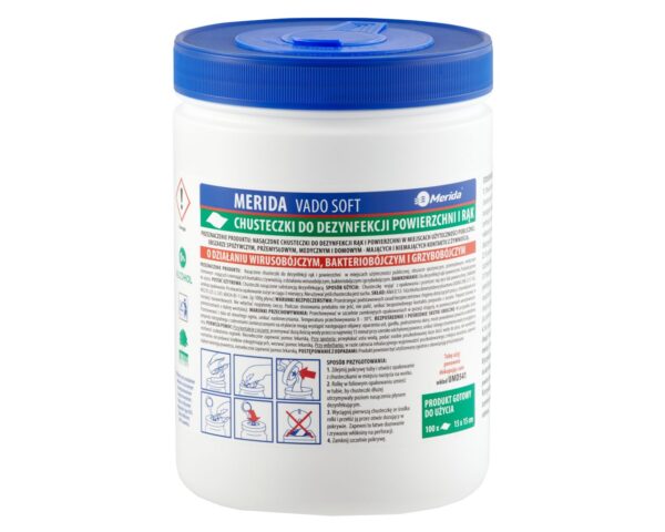 Chusteczki nasączone do dezynfekcji rąk i powierzchni MERIDA VADO SOFT, bezalkoholowe, tuba, 15 m, 100 listków