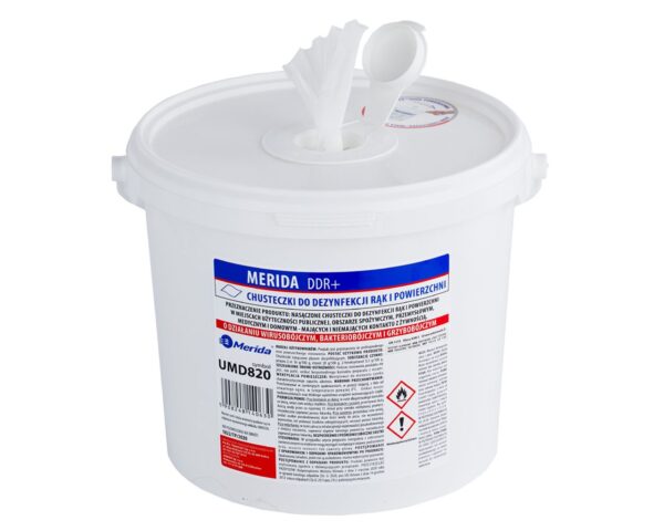 Chusteczki nasączone do dezynfekcji rąk i powierzchni MERIDA POLANA DDR+, wiadro 6 l, rolka 65 m, 260 listków Chusteczki nasączone do dezynfekcji rąk i powierzchni MERIDA POLANA DDR+, wiadro 6 l, rolka 65 m, 260 listków