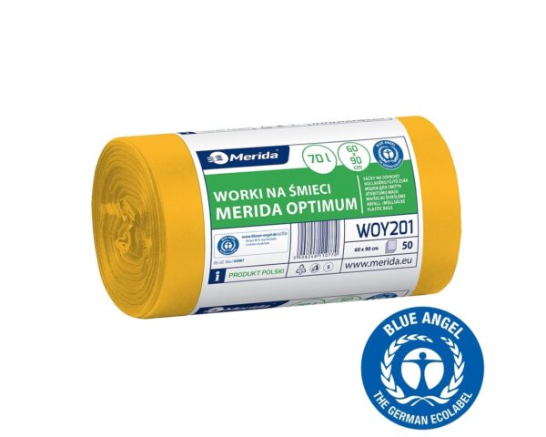 Worki na śmieci 70 l, MERIDA OPTIMUM BLUE ANGEL, żółte, 60x90 cm, rolka 50 szt.