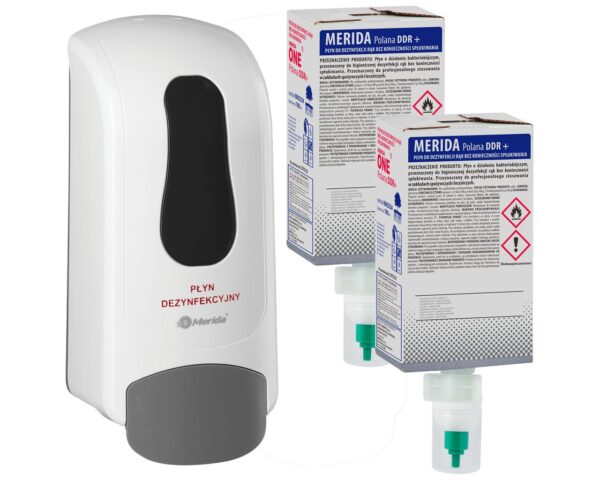 Dozownik płynu dezynfekcyjnego MERIDA ONE biały i dwa wkłady płynu dezynfekującego